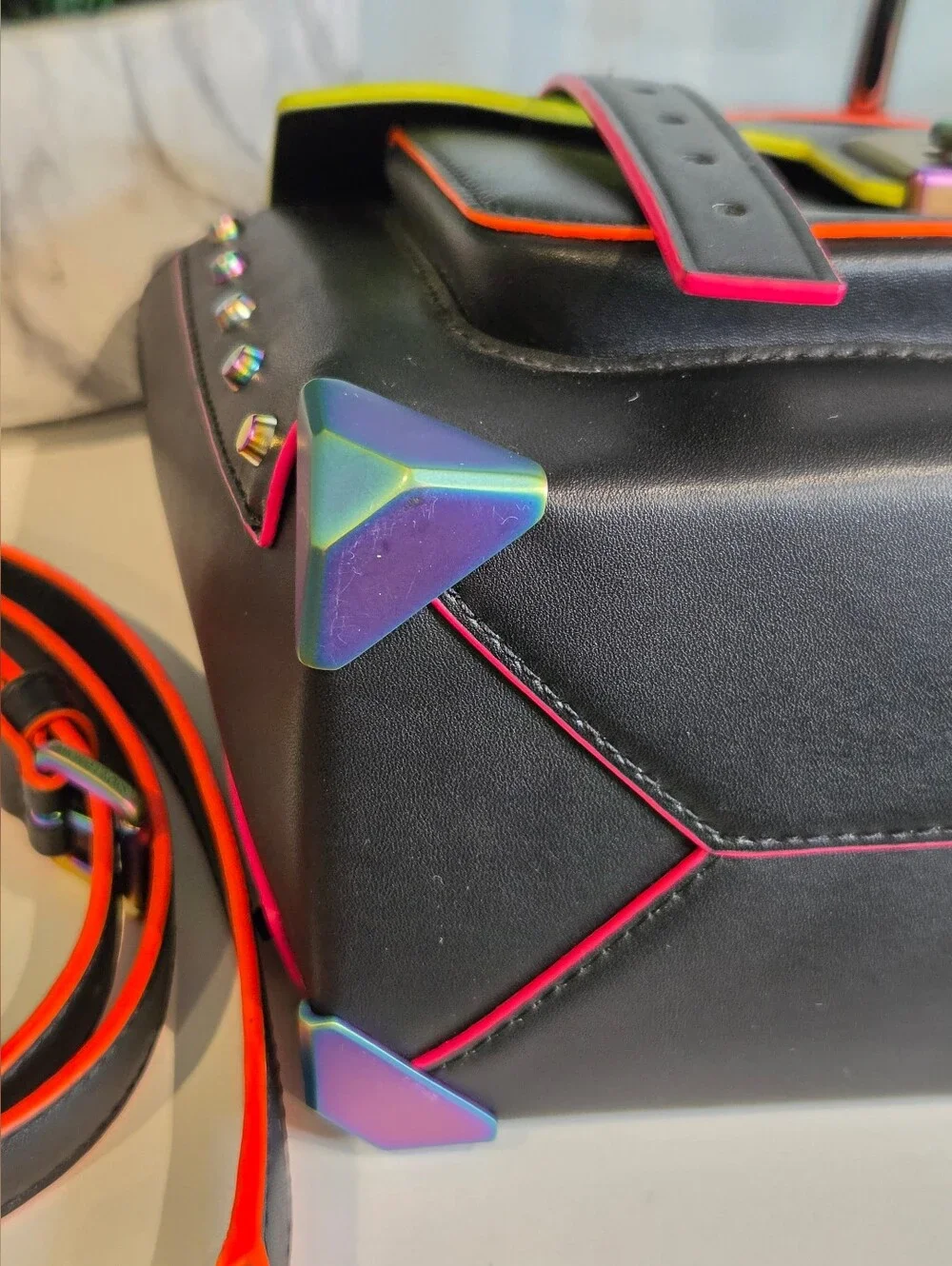 Michael Kors Manhattan Medium Black Leather Satchel Neon Oil Slick